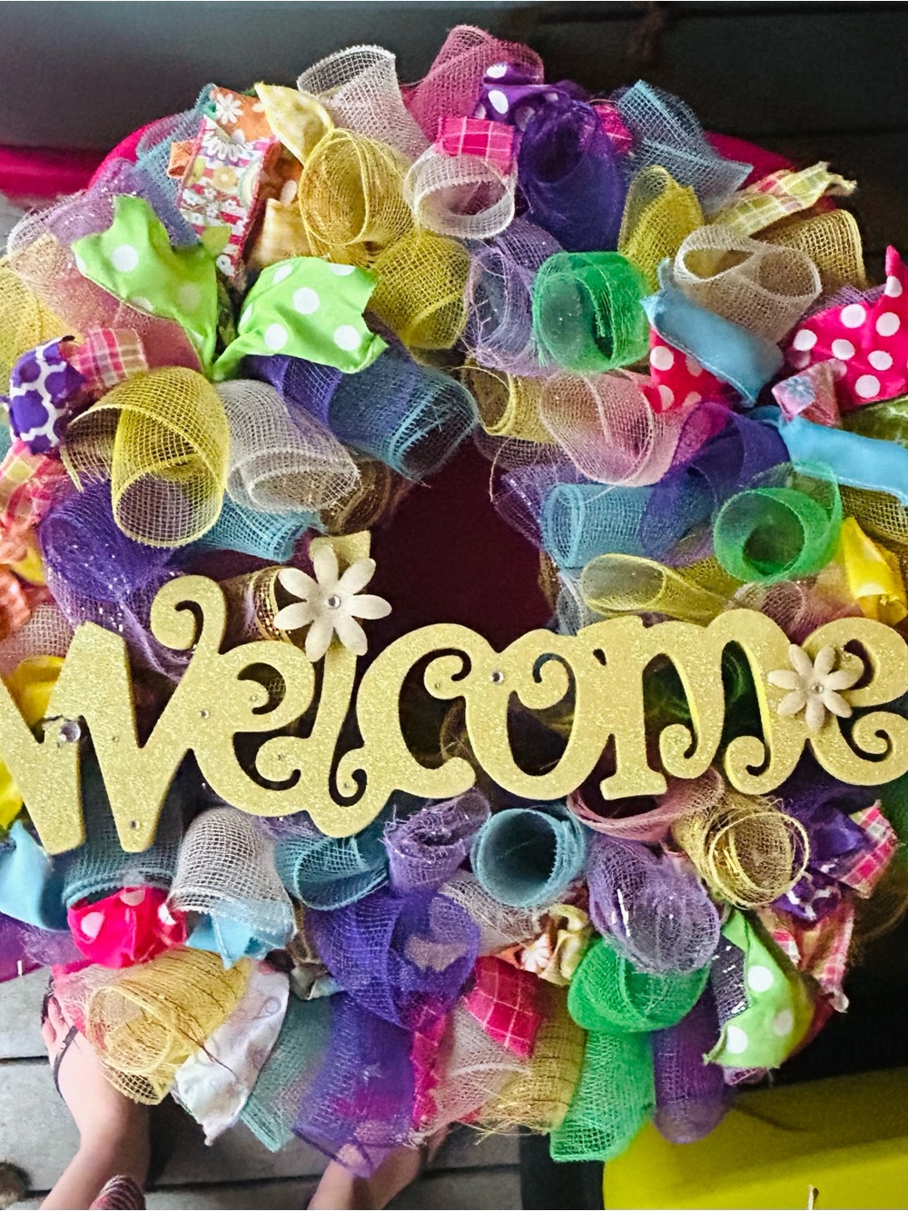 Welcome Multi-Color Decorative Mesh Wreath